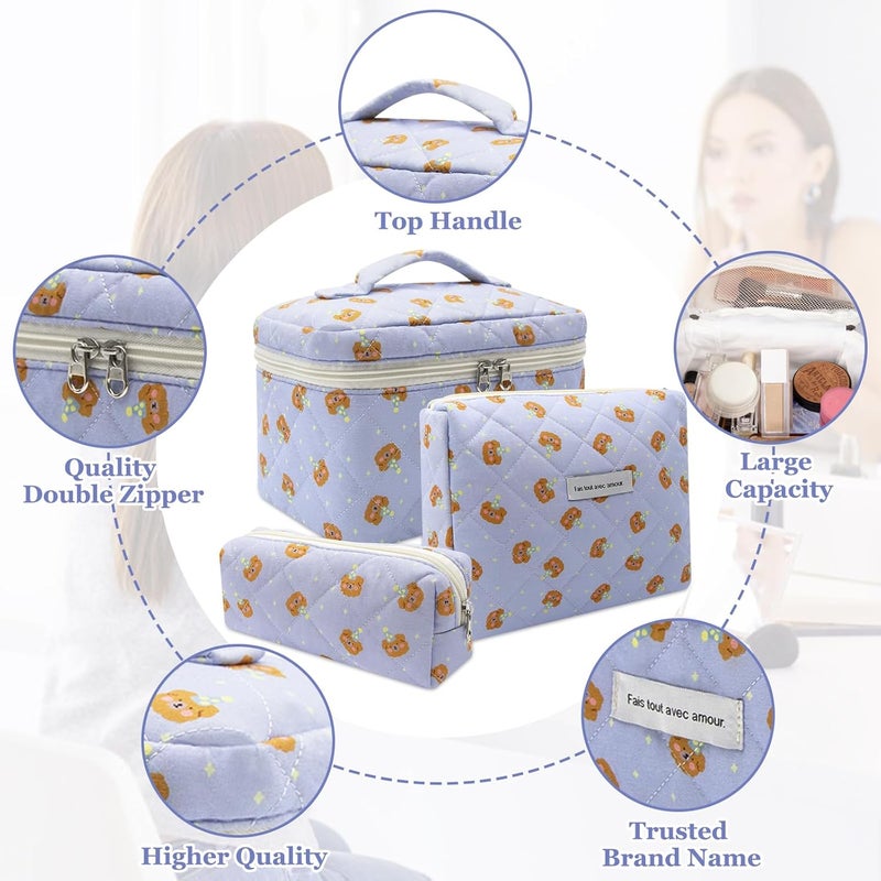 Gosect Quilted Makeup Bag Set, 3pc Large Floral Cosmetic Bag for Women, Cute Cotton Makeup Bags, Flower Travel Toiletry Organizer Bag (Blue Small Sheep) - Image 3